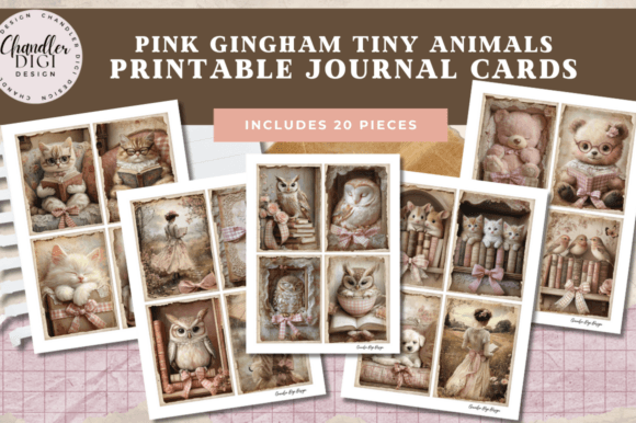 Pink Gingham Bookish Animal Ephemera for Junk Journals